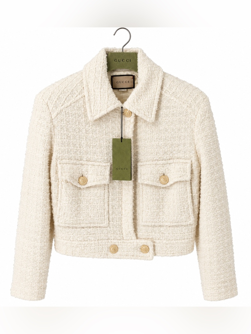 Gucci Cream Bouclé Cropped Jacket with Front Flap Pockets